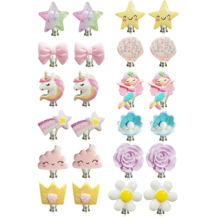 9 Paires Boucles D'Oreille Clips Fille Enfant - Licorne Sirène Fleur Étoile - Bijoux Princesse Sans Perçage