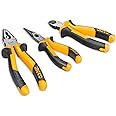 INGCO Plier Set, 3 pcs, Include 8" Combination Pliers, 6" Nose Plier, 6" Diagonal Cutting Plier, Cr-V, Black Finish and Polish, INGCO Tools Design Handle