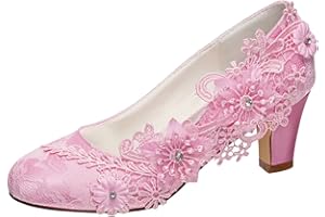 Emily Bridal Wedding Shoes Women's Silk Like Satin Chunky Heel Pumps with Stitching Lace Flower Crystal Pearl