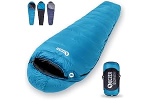 QEZER Down Sleeping Bag for Adults, Lighter Warmer 600+ FP Compact Sleeping Bag for 3 Season Camping, Hiking and Backpacking Outdoor with 1000g Duck Down