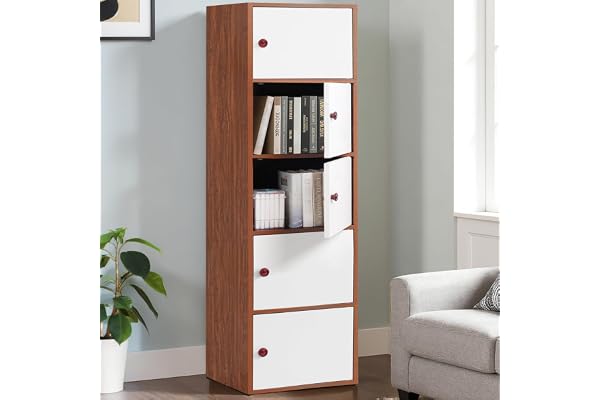 ABOUT SPACE Wooden Book Rack - 5 Tier Storage Cabinet for Living Room with Magnetic Door, Space Saving Book Self for Home, Engineered Wood Cabinet (Oak Red - L 38 x B 38.5 x H 165.5 cm)