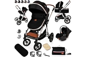 LIBREBON Baby Buggy Pram Pushchair Stroller 3 in 1 Child Lightweight Folding Stroller 3 in 1 Travel System Pram for Newborns & Toddlers from Birth (Black Silver)