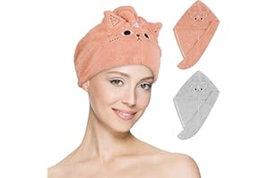 AUYAO Hair Drying Towels Wrap Hair Dry Cap with Buttons Coral Fleece Hair Turban Towel Hair Drying Towel Super Absorbent Hair Bath Cap Anti Frizz Dry Hair Hat Fast Dry Head Wrap Towels(Cat Style)