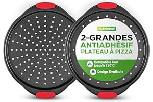 NutriChef Plaque Pizza, Moule à Pizza Antiadhésif, Plat Rond en Acier Perforé avec Bords en Silicone, Compatible Four, Passe au Lave-vaisselle, Noir