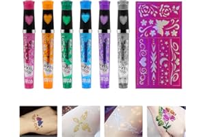 HASAIKA Rotuladores Tatuajes Niños, Kit de Tatuajes Temporales con 6 bolígrafos de gel con purpurina para niños de colores adecuados para niños niñas fiesta vestir