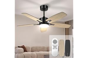 Mefine 106cm Silencioso Ventilador de Techo con Luz LED y Mando a Distancia, Regulable Ventiladore Techo con 5 Aspas Dobles, Madera/Negro, para Dormitorio Salon Cocina, Temporizador, 6 Velocidades