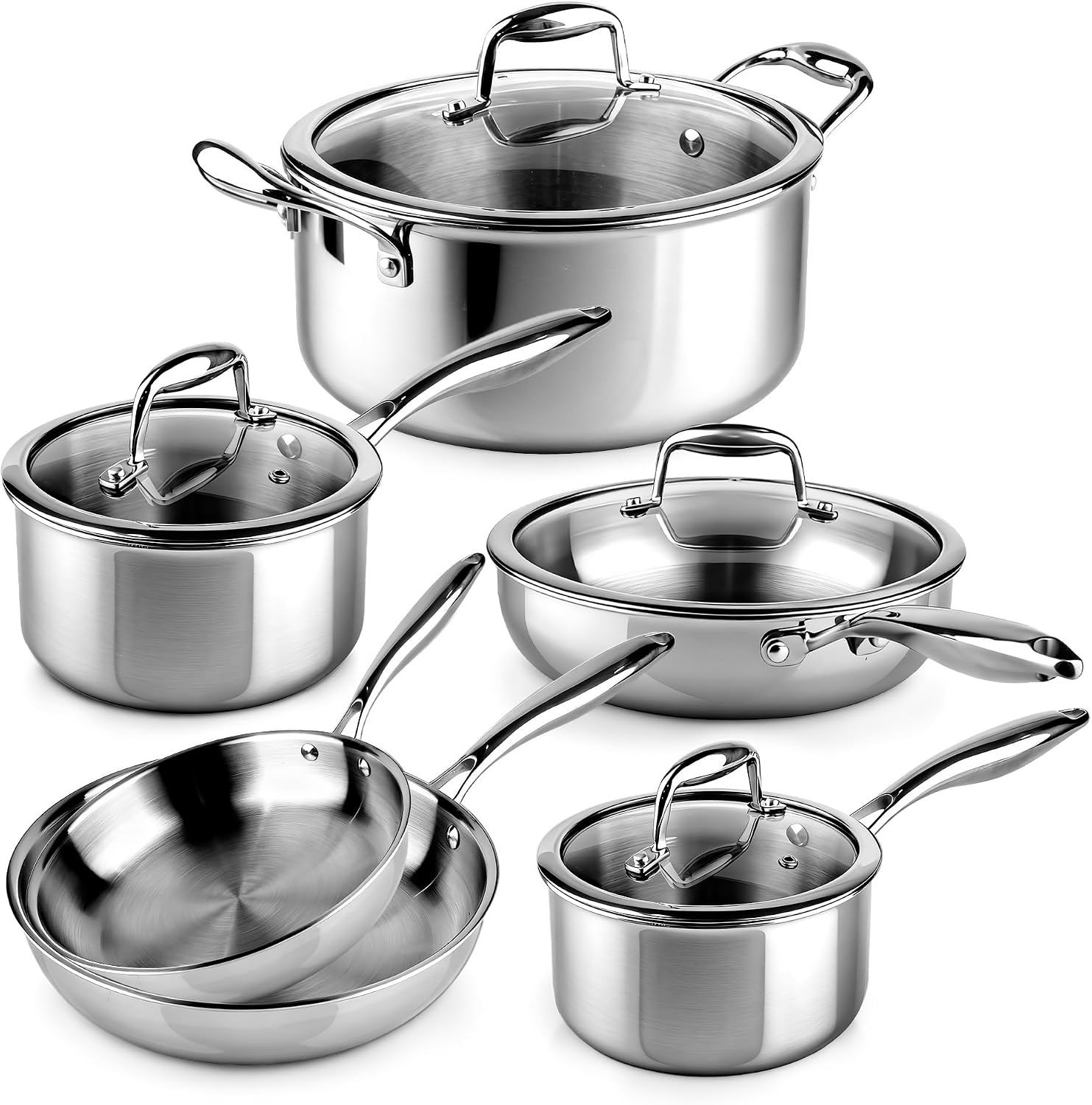 La Moustache - Batería de Cocina de Acero Inoxidable 10 Piezas con Tapas de Vidrio (Ø16/18/20/24/26 cm) - Juego de Ollas y Sartenes para Inducción, Sin Recubrimientos, Apta Lavavajillas (Titan Inox)