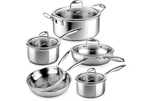 La Moustache - Batería de Cocina de Acero Inoxidable 10 Piezas con Tapas de Vidrio (Ø16/18/20/24/26 cm) - Juego de Ollas y Sartenes para Inducción, Sin Recubrimientos, Apta Lavavajillas (Titan Inox)