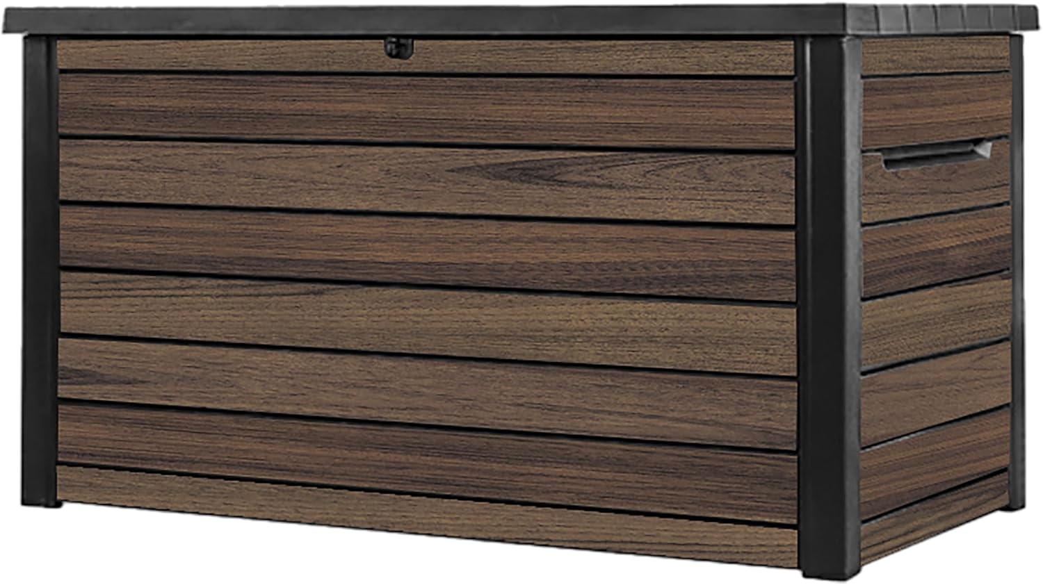 Keter Signature Ontario 870L Outdoor Storage Box – Rosewood | Weather‑Resistant Wood‑Look Storage Box with Lockable Lid, Extra Seating for 2, UV‑Protected Garden Storage