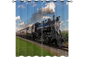 ZZTBQ Steam Locomotive Railway Train 3D Digital Print Opaque Curtains Classic Car Train Locomotive Retro Train Curtains Eyelet Curtains 280 x 245 cm for Boys Girls Children Bedroom