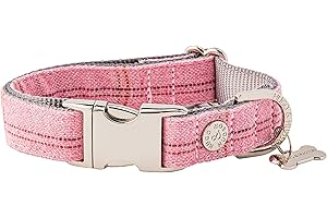 HUGO & HUDSON Tweed Dog Collar Quick Release Safety Metal Buckle, Pink Checked, S
