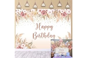 TENCOW Happy Birthday bohème Fond Fille bohème Chic Fleurs Roses Fond d'anniversaire Vinyle bohème Pampas Herbe Partie gâteau décoration de Table Photo Booth (7x5 FT)