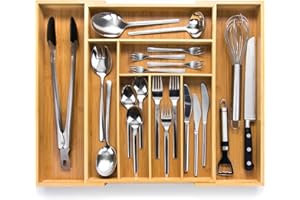 budu Organizador de Cubiertos #43 (profundidad 43 cm) de Bambú, Bandeja para Cubiertos Extensible, Cubertero Ajustable para Cajón