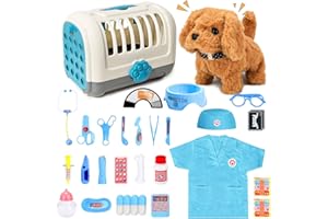UBeesize Ensemble de 31 pièces de valise médicale pour enfants avec chien électrique jouet qui marche et aboie, chien interactif avec véritable stéthoscope, thermomètre pour jouet de vétérinaire