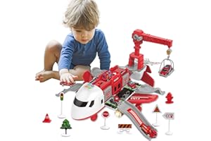 Umitive Spielzeug Flugzeug, Flugzeug Spielzeug Kinder mit Spielmatte, 6 Legiertes Feuerwehrauto, 11 Verkehrsschilder, Musik und Licht, Auto Spielzeug Set für Kinder 3-12 Jahre