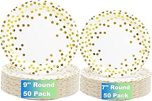 CEILIWEN Piatti di carta bianchi e dorati, piatti di carta da 50 x 9" per cena e piatti di carta da 50 x 7" per dessert, set di piatti usa e getta, accessori per decorazioni feste, confezione da 100