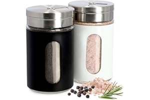 KADAX Saliera e Pepiera, 150 ml, set da 2 pezzi, Saliera in Vetro, Saliera in Acciaio Inossidabile, Pepiera con Coperchio Misto, Set Sale e Pepe, Spargispezie, Barattoli di Spezie (bianco/nero)