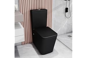 Robanmoa Matt Black Rimless Close Coupled Toilet Back to Wall Bathroom Toilet Ceramic WC Pan with Soft Close Seat Dual Flush Cistern Modern Square Comfort Height Toilets