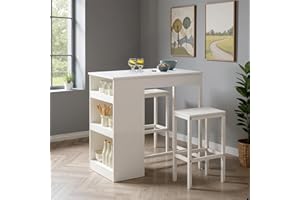 Warmiehomy Bar Table and Stools Set of 2, Breakfast Bar Tables with Storage Shelf, 3-Piece Compact Kitchen Table and Chairs Set for Kitchen Counter, Island, Dining Room, Living Room, Apartment, White