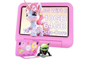 DEERTIME Tablet per Bambini Andorid 14 Tablets 7 Pollici 10GB RAM + 64GB ROM (TF 1TB), 5G WiFi 6, BT5.0, Octa-Core, Controllo Parentale | Doppia Fotocamera | GMS Certificated | GPS | Tablet con Custodia - Rosa