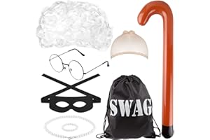 Kavoc 7 Pcs Thief Granny Costume Set Include Wig Hairnet Bag Eyemask Glasses Necklace Bracelet and Inflatable Cane for Kids World Book Day Dress Up