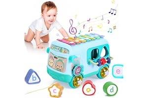 YELLCETOY Jouets cadeaux pour garçons de 1 an, jouet pour bébé garçon de 12 à 18 mois, bus sensoriel musical avec xylophone, jouet à tirer pour 12 à 18 mois, jouet éducatif précoce, cadeau d'anniversaire de