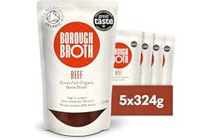 Organic Beef Broth by Borough Broth - Freshly Made with Grass-Fed Beef & British Spring Water - High in Collagen & Protein - Low-Cal & Gluten Free - Delivered Chilled - 5 x 324g