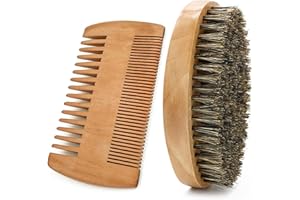 TAKFREE Beard Brush Comb Set for Men, Wooden Boar Bristle Hair Moustache Comb Beard Brush Set for Combing Beard Hair, Removing Debris, Massages Face