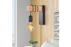 VANSINTEK Farmhouse Plug in Wall Sconce, Black Wall Lamp for Bedroom Bedside Reading Loft Living Room Industrial Wood Wall Mounted Lights Fixture with On/Off Switch Lighting with Plug Cord(E27 Bulb Excluded)