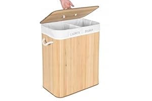 ECARLA Kosz na pranie, 2 przegródki, bambusowy, z pokrywką – składany kosz na pranie z uchwytami, wyjmowany worek na pranie, można prać w pralce – 100 l (100 l)