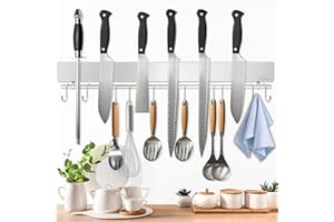 Dmore Barre magnétique pour couteaux avec 10 crochets, 43 cm, support magnétique en acier inoxydable, support magnétique pour couteaux avec aimant extra fort, ruban adhésif et vis incluses