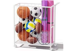Homsorout Ball Storage Bin Rolling Sports Ball Cart, Metal Garage Organizer Sport Rack, Ball Basket Storage, Ball Cage for Garage or Gym, Indoor & Outdoor Sports Equipment Organizer white