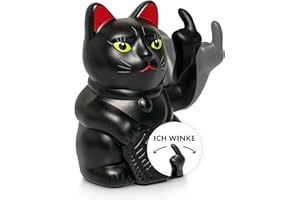 ANGRY CAT Lucky Cat Figure, Funny Waving Cat, Japanese Waving Cat Showing Middle Finger, Decorative Item, Moving Figure, Waves Arm and Middle Finger, 15 cm, Matt Black