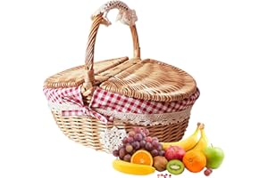 FIORKY Weiden-Picknickkorb mit Deckel und Griff, gewebter Picknickkorb, handgemachter Süßigkeitenkorb, Ostereier, Aufbewahrungskorb, Weinkorb, Naturweide, leerer Korb for Picknick, Camping, Wandern, Hochzeit