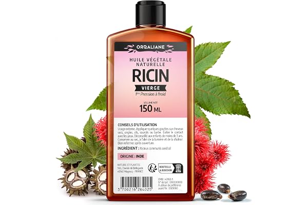 Huile de Ricin 150 ml - Orgaliane - Pure et Naturelle - Barbe, Cheveux, Cils, Ongles, Peau.