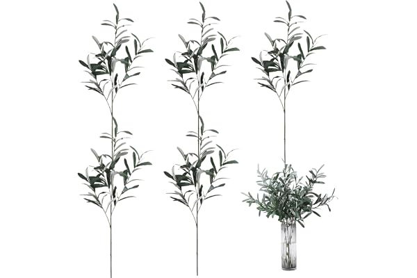 Hintyne olivkvistar för vaser, konstgrenar, 5 stycken konstolivkvistar 76,2 cm, konstgjorda olivgrenar utan oliver, 4 grenar, realistiska gröna stjälkar, stil 2