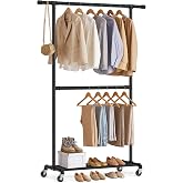SONGMICS Double Coat Rack with Wheels, Height Adjustable, 110 kg | Donkey Clothes with Shelf, Central Bar, Black, DALSON Coll