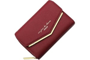 HNOOM Portfel damski, mały portmonetka damska, skóra PU, portfel damski z zamkiem błyskawicznym, przegródka na monety, mini portfel, etui na karty kredytowe z 9 przegródkami na karty, prezent dla kobiet, czerwony, S, Nowoczesny