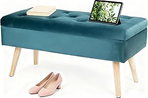 ‎HAWTHYHOME Hawthyhome Sitzbank mit Stauraum 80 × 35 × 43 cm, Sitztruhe mit Aufbewahrungsbox Truhenbank Samt Polsterbank mit Holzbeine für Flur Wohnzimmer Schlafzimmer Grün