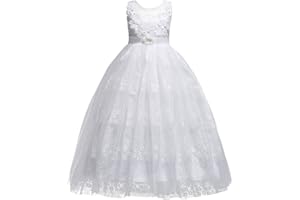 IWEMEK Princesa Appliques de Encaje de Tul de Flores Vestido de niña Vestidos de Dama De Honor Boda Fiesta Comunión Cumpleaños Bola Pageant Paseo Baile Maxi Cóctel Fotografía Vestir 5-16 Años
