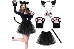 Kinsinder Juego de disfraz de gato, orejas de gato, diadema para gatitos, cola de gato, orejas, cuello, patas, guantes, fiesta, juego de disfraz para niños, mujeres y niñas