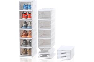 ELUCHANG Schuhboxen Stapelbar Transparent, Installationsfrei 6er Pack Schuhbox, Faltbar Schuhaufbewahrung mit Tür für Schrank Wand Turnschuhe Stöckelschuhe, bis Größe 45,weiß