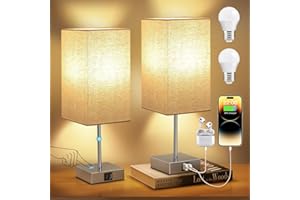 STANBOW Bedside Lamps Set of 2, Touch Control Bedside Table Lamp with USB A+C Charging Ports, 3 Way Dimmable Table Lamps for Living Room Bedroom with Grey Fabric Shade (2 LED Bulbs Included)