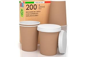 BACIATO CAFFÈ 200 verres à café à emporter en papier Havane 200 ml avec couvercle en papier boissons chaudes et froides, thé infusés d'eau écologiques, biodégradables tasses jetables colorées + 200 couvercles en