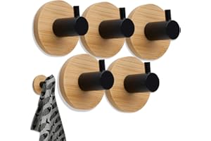 BYSER Ganchos Adhesivos para Pared – Pack de 5 Colgadores Adhesivos Resistentes para Cocina Baño – Colgador Toalla Baño Sin Taladro - Diseño Madera y Negro Moderno Acero inoxidable