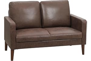 HOMCOM Divano 2 Posti Imbottito in Tessuto Effetto Pelle Traspirante con Cuscini e Gambe in Legno di Caucciù, Divanetto Salvaspazio con Braccioli per Soggiorno, Salotto, 130x78x85 cm, Marrone Scuro