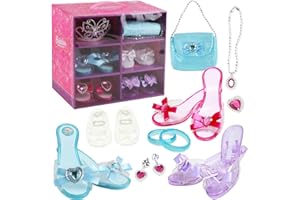deAO Princess Schuh Spielzeug- und Schmuckboutique mit 4 Paar Schuhen, Armbändern, Halskette, Tasche, Ohrringen und Krone Mädchen-Tiara inklusive Kinder Schminkset Prinzessin Schuhe Mädchen