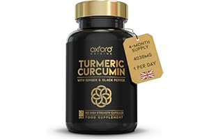 OXFORD ORGANICS Advanced Turmeric and Black Pepper Capsules 4030mg Made in the UK | ONE per Day Turmeric Supplement with Ginger & Black Pepper | 120 High Strength Tumeric Curcumin Capsules for Joints | 4 Month Supply