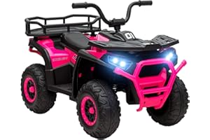 AIYAPLAY 12V Kids Electric Ride on ATV, Battery Powered Quad Bike with 4 Suspension Wheels, Forward Reverse Function, Lights, Music, Storage Basket, for Ages 3-5 Years, Pink
