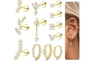 Milacolato 12 Pièces Piercing Oreille Boucles D'oreilles Pour Femmes Plaqué Or 14K Argent Helix Cartilage Tragus Conch Acier Inoxydable Chirurgical Petits Piercing Oreilles Ensemble de Bijoux Femme